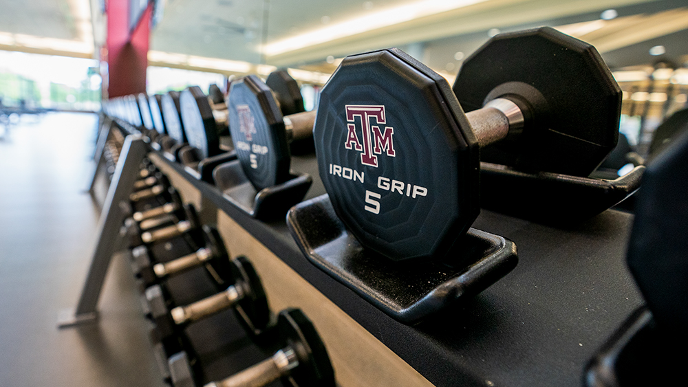 Weight with A&amp;M logo in the recreation center.