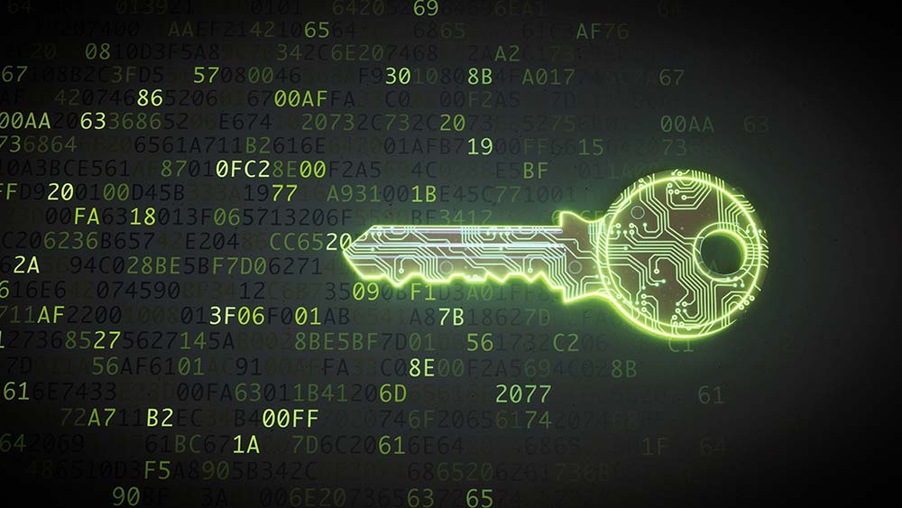 green glowing key lined with circuit wired, surrounded by hex values