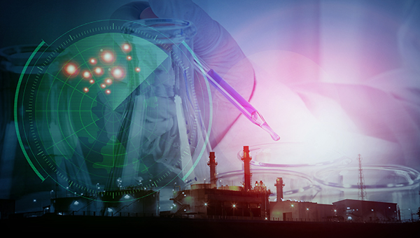 Superimposed image of gloved hand with medicine dropper in hand, doppler radar and the buildings at an energy plant.