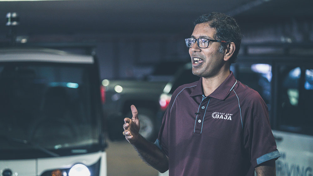 Dr. Sri Saripalli at the launch of Texas A&amp;M autonomous shuttles in downtown Bryan.