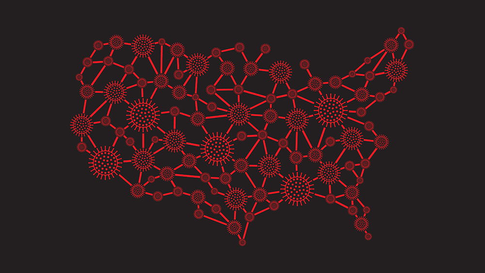 A red outline of the United States demonstrating COVID-19 contact spread.