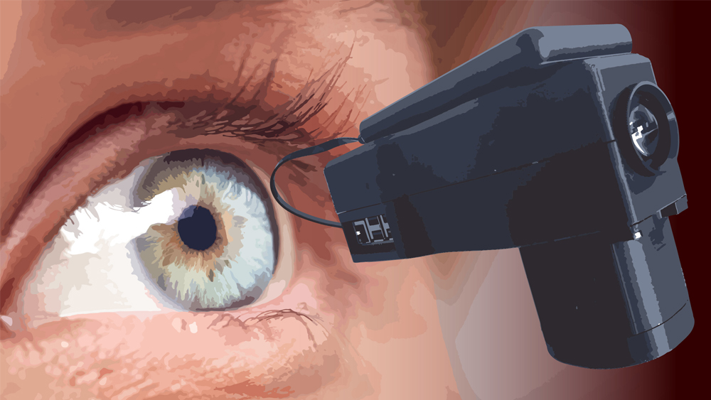 Close up image of an eye with an optic device prototype