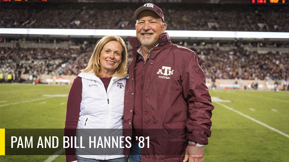 Pam and Bill Hannes standing on a football field. 