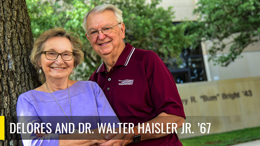 Dr. Walter Haisler Jr. ’67 and his wife Delores taking a picture in front of a tree outside. 
