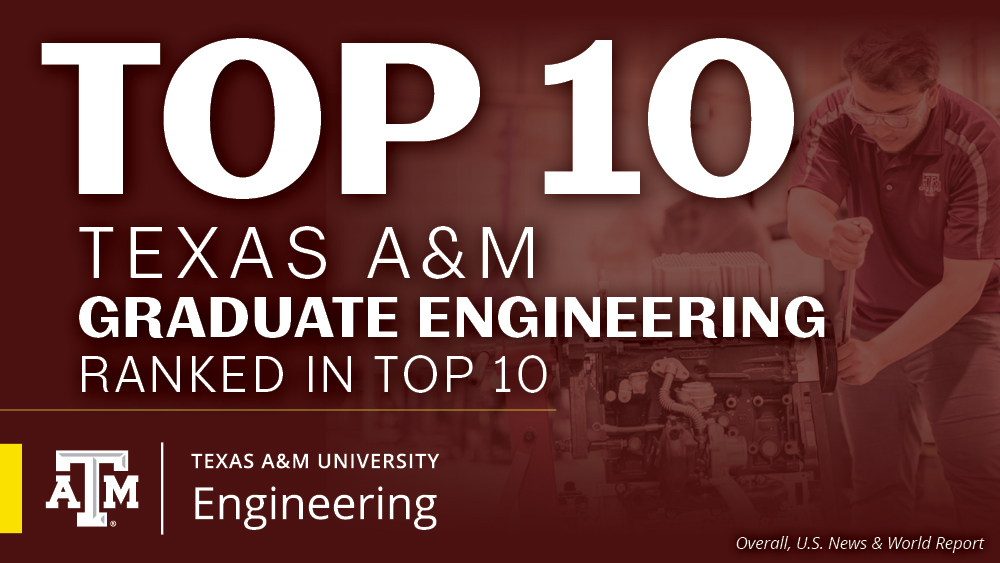 banner graphic that says top 10, Texas A&M Graduate Engineering ranked in top 10, with a college of engineering logo. Then overall US News & World Report in the corner.