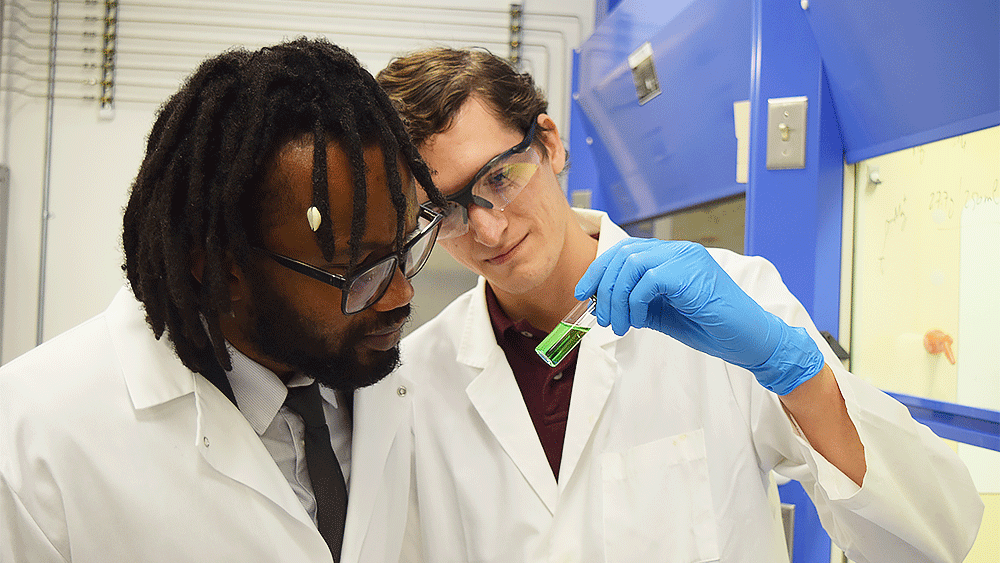 Dr. Abdoulaye Djire, assistant professor, and graduate student Denis Johnson in lab
