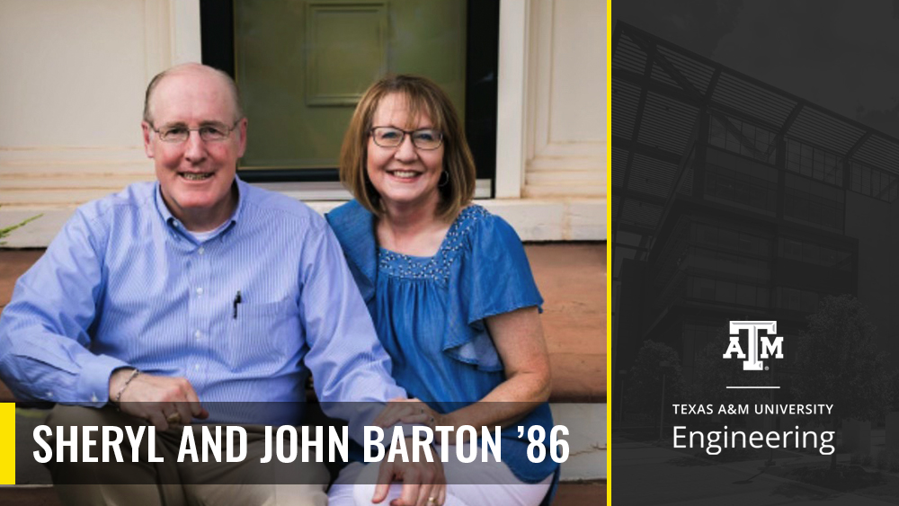 Sheryl and John Barton sitting together on a house porch smiling.