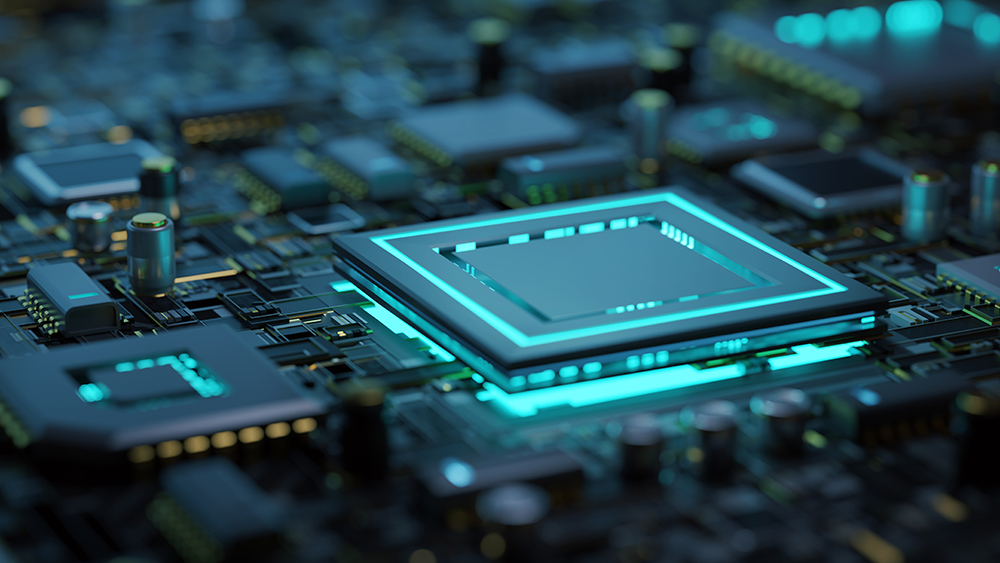 Close-up of motherboard with selective focus on the microchip with backlighting