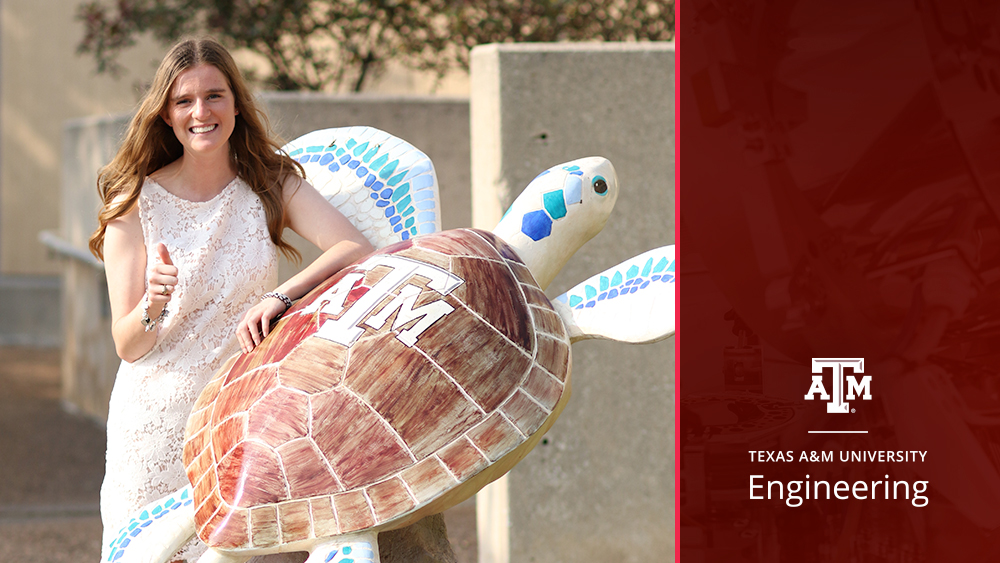Jaclynn Turnbaugh in white lace dress resting on large mosaic turtle with Texas A&M logo on shell. 
