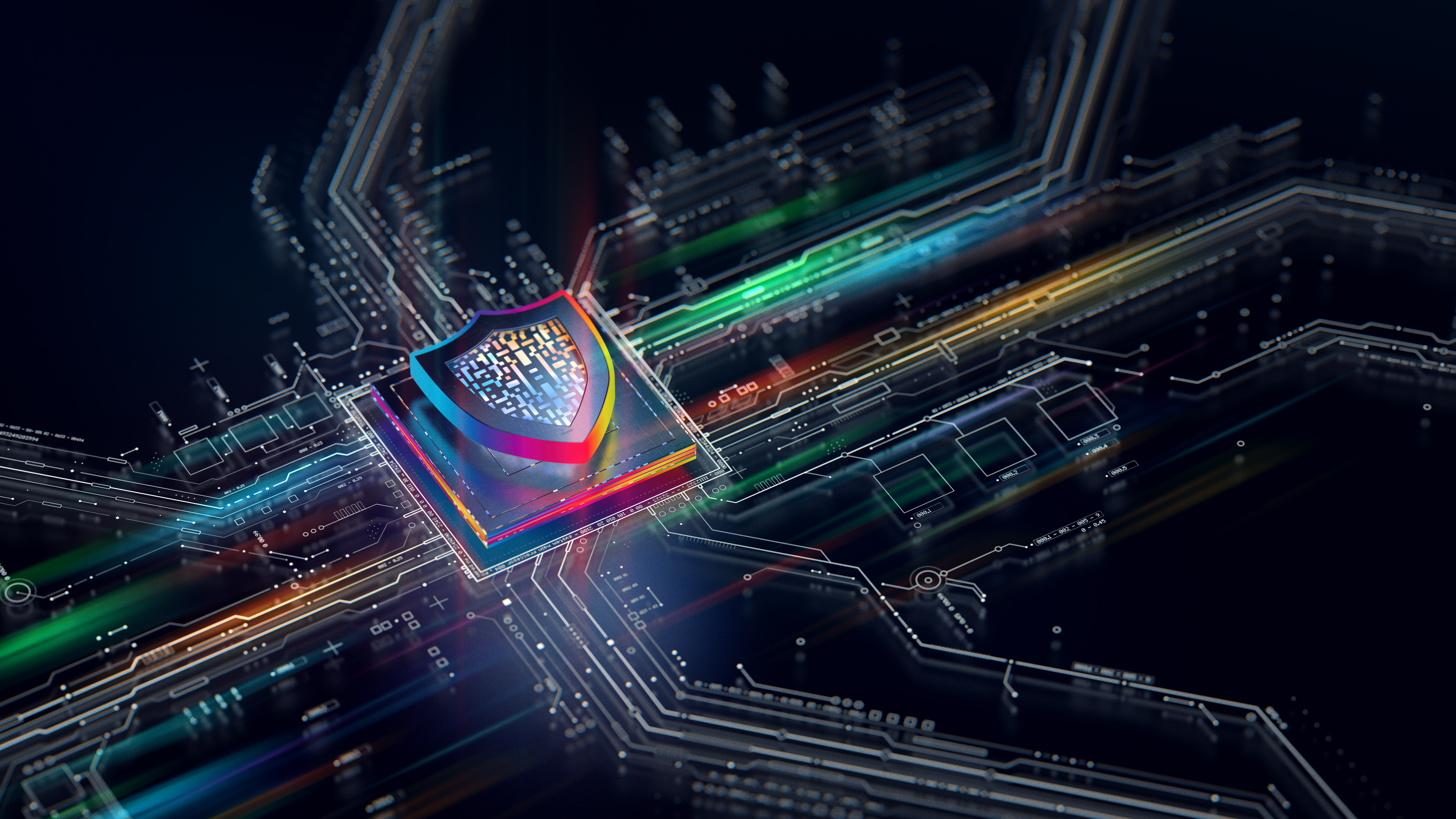 A partially lit-up circuit board schematic on a black background with a raised, 3D CPU in the middle, shining in multiple hues of neon lights and a 3D shield rendering on top of that in the same multihued neon glow. Image credit: Getty Images.