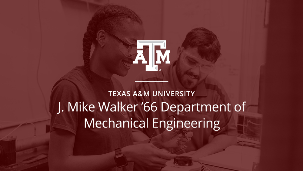 J. Mike Walker ’66 Department of Mechanical Engineering at Texas A&amp;M University logo over a maroon background.