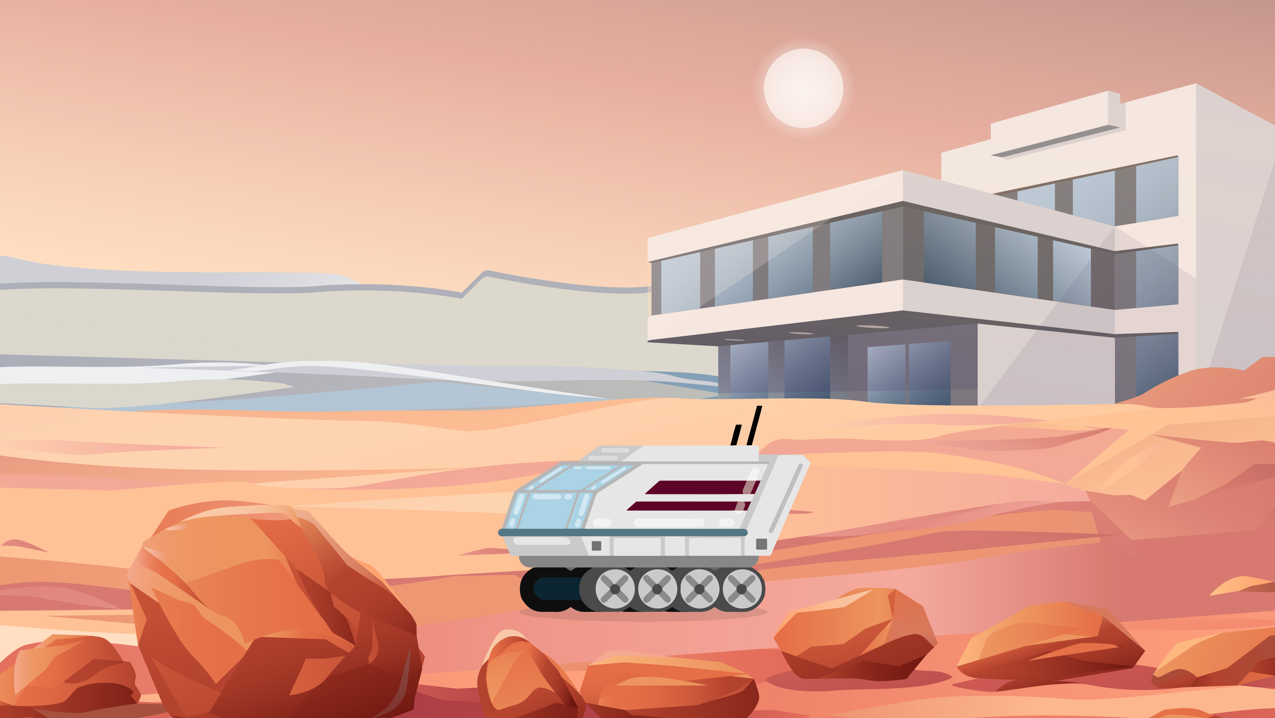 Illustration of a Mars Rover on martian soil in front of a building