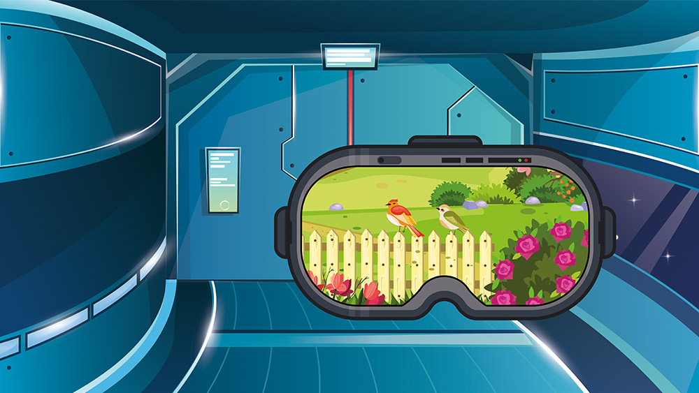 Illustration of virtual reality goggles with garden scene in the viewfinder