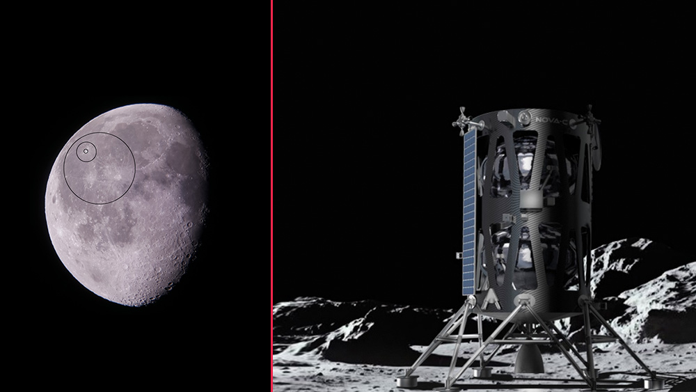 Photograph of the moon with lunar landing site marked alongside a rendering of the lunar lander on the surface.