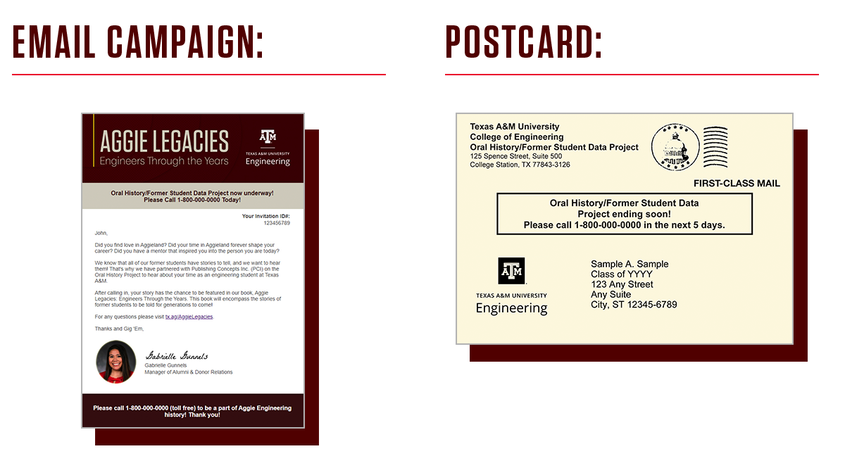 Visual examples of what the PCI Engineering Legacies campaign email and postcard will look like. Each material will have the title "Oral History/Former Student Data Project" on them and be addressed by Texas A&amp;M University College of Engineering.