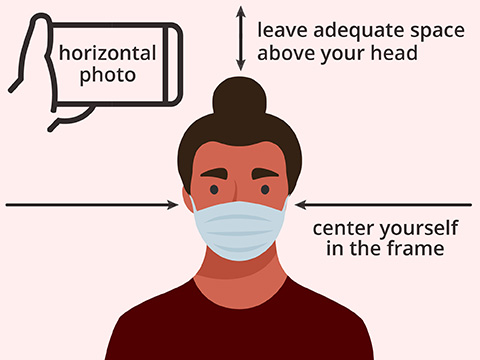 Illustration demonstrating how photo should be taken, with horizontal orientation, leave adequate space above your head, and center yourself in the frame.