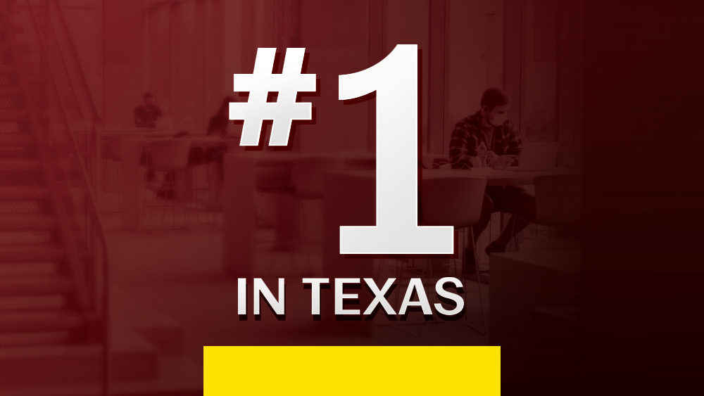 Maroon graphic with the words, Number sign 1 in Texas