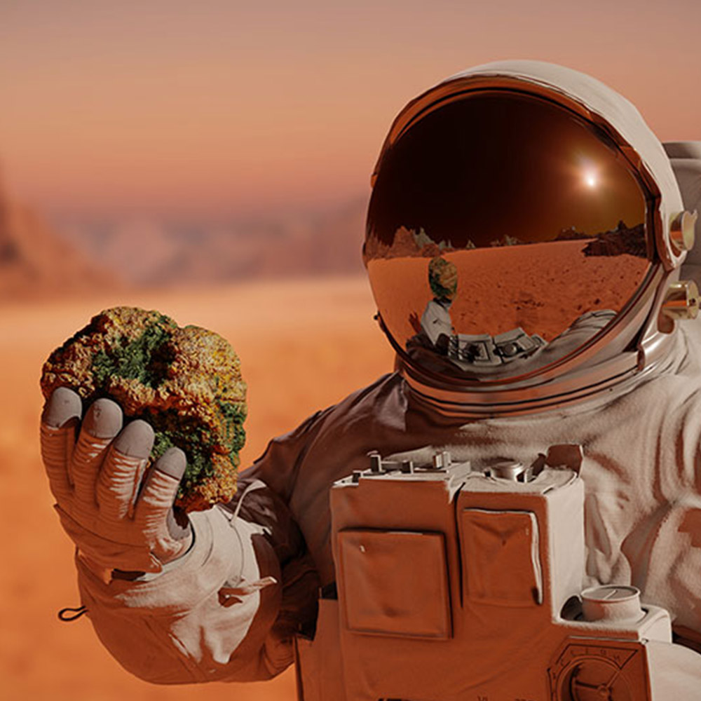 View of an astronaut exploring with his spacesuit on and holding a rock 