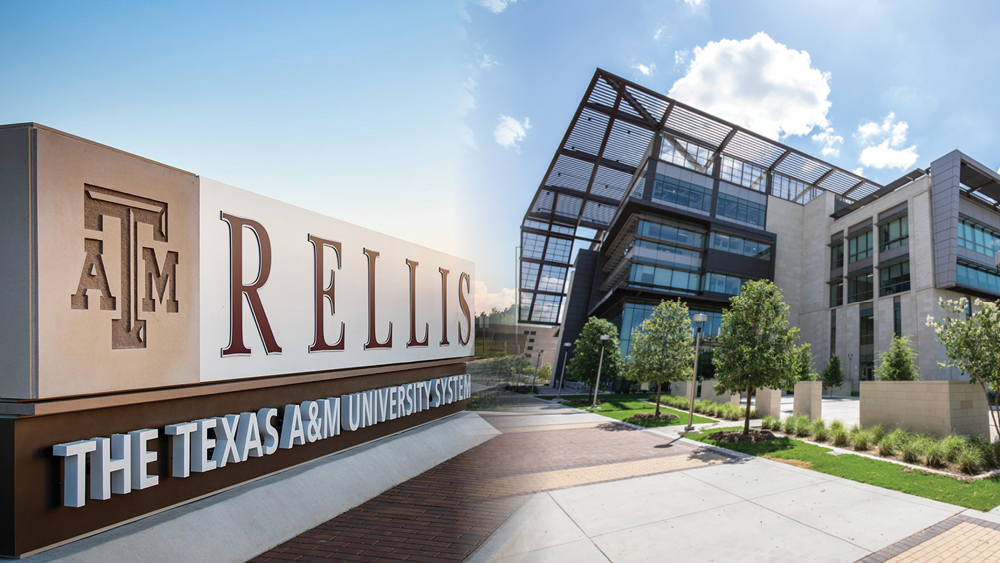 The sign to the RELLIS campus is shown on the left and the Zachry building is shown on the right
