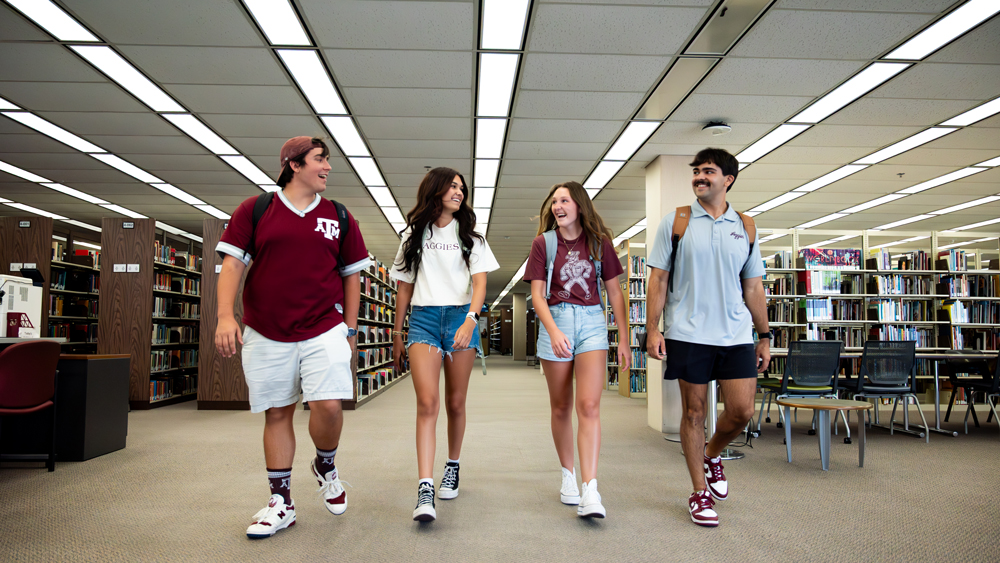 Two male students and two female students walking together.