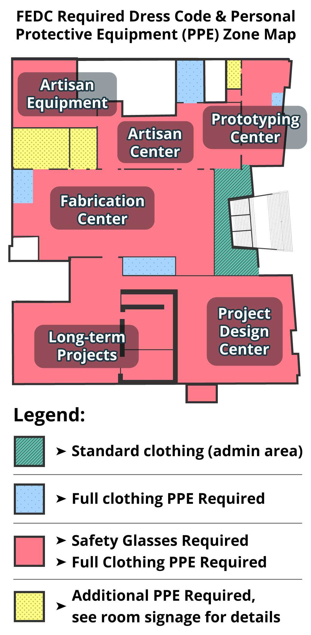 FEDC Required Dress Code &amp; Personal Protective Equipment (PPE) Zone Map - standard clothing is allowed only in the entryway admin area but all other areas in the FEDC require specific dress codes. See room signage when entering each area for clothing requirements.