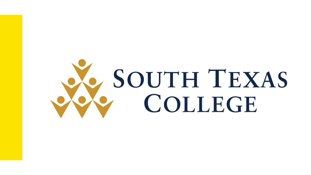 Image of the South Texas College logo: a triangle of 5 circles and arrowhead shapes representing people with their arms raised in goldish yellow. The words South Texas College in navy blue.  
