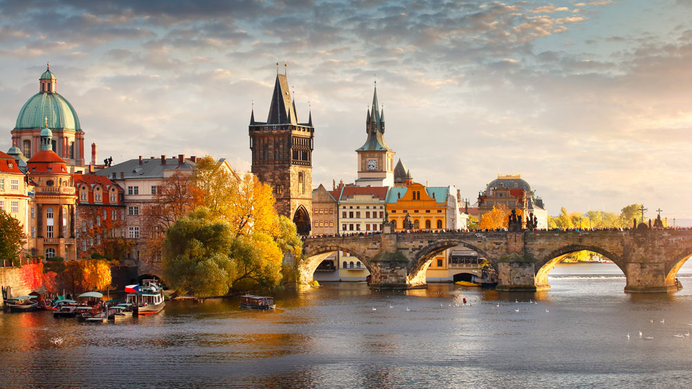 Panoramic view of Vltava river and Charles bridge in Prague, capital of the Czech republic.