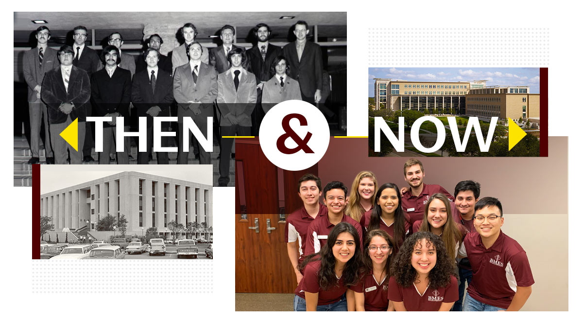 Then and now: historical photo of biomedical program student group consisting of men in suits and historical photo of the Zachry building contrasting with current photo of diverse biomedical engineering students and the recent Engineering Technologies Building (BMEN).