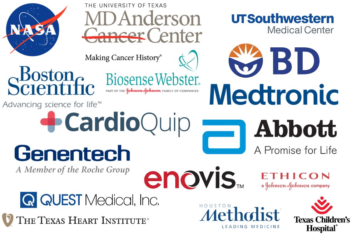 Collage of logos from industry partners, including: NASA, Boston Scientific, MD Anderson, UT Southwestern, BD, Medtronic, Bisense Webster, Abbott, Ethicon, CardioQuip, Genentech, Enovis, Quest Medical, Houston Methodist, The Texas Heart Institute, Texas Children's Hospital