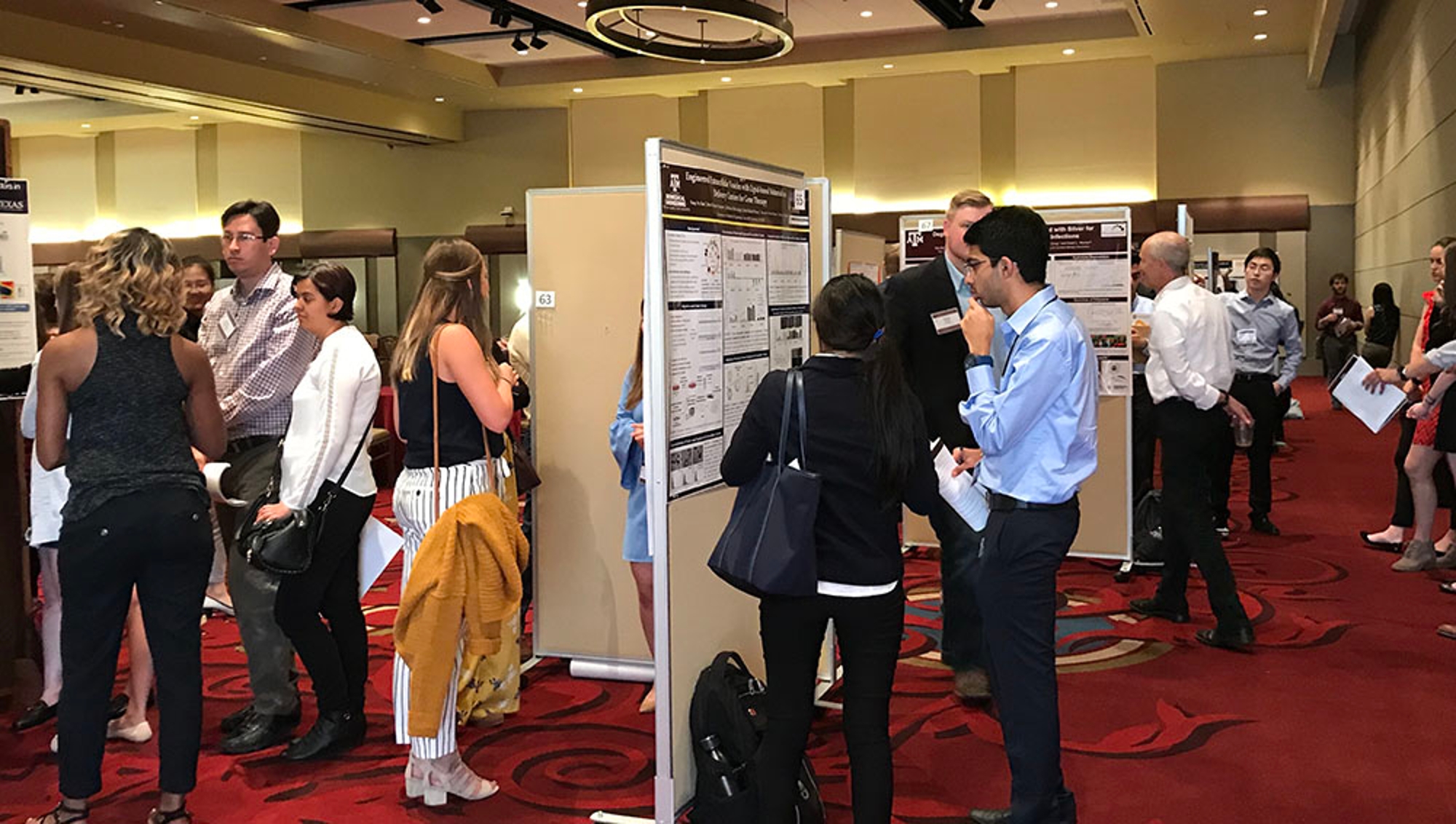 Attendees look over posters at the 2018 biomedical engineering Biomaterials Day.