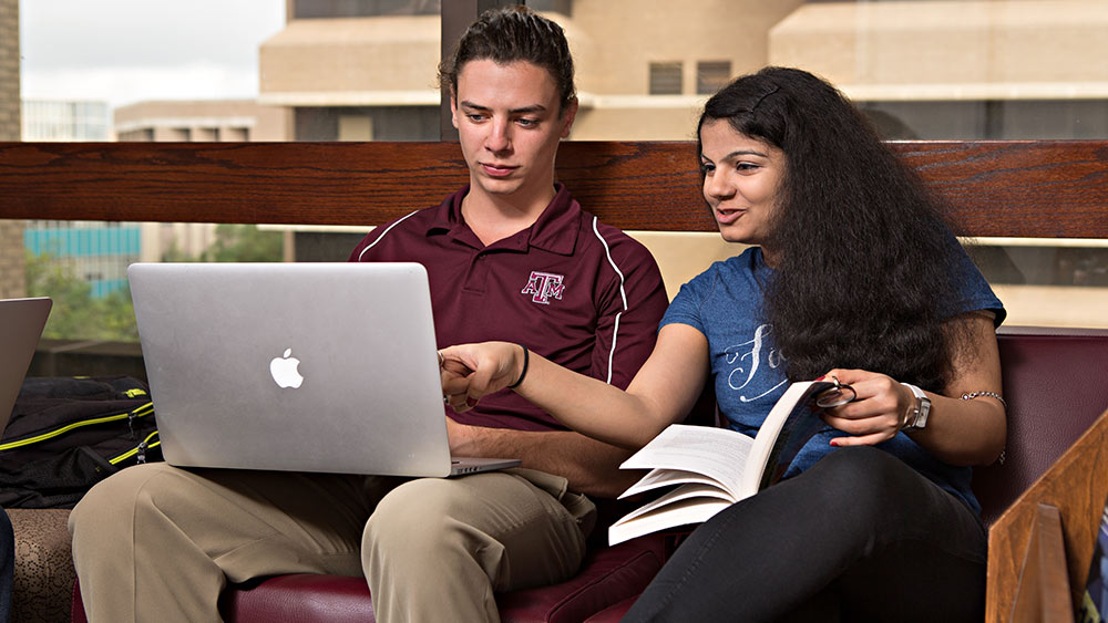 undergraduate students examining information on a laptop computer