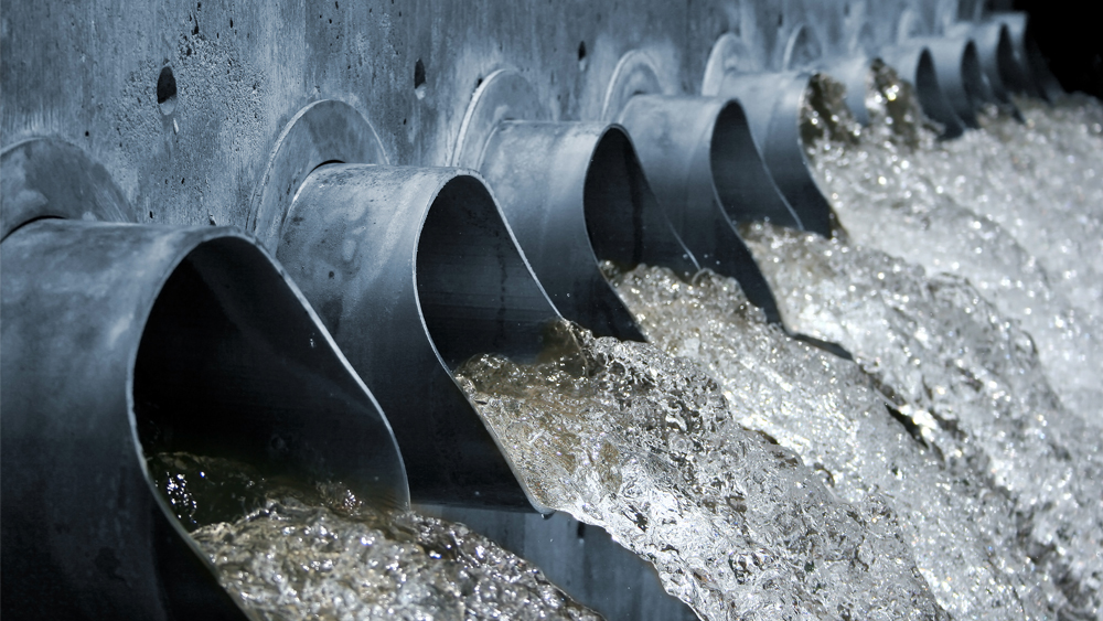 Water runs through a system of pipes 