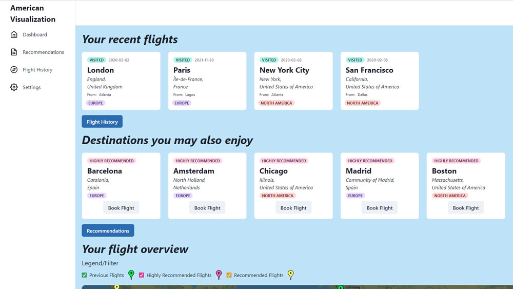 View of webpage made by team American Visualization that shows a list recent flights and destinations visitors to the website might also enjoy.