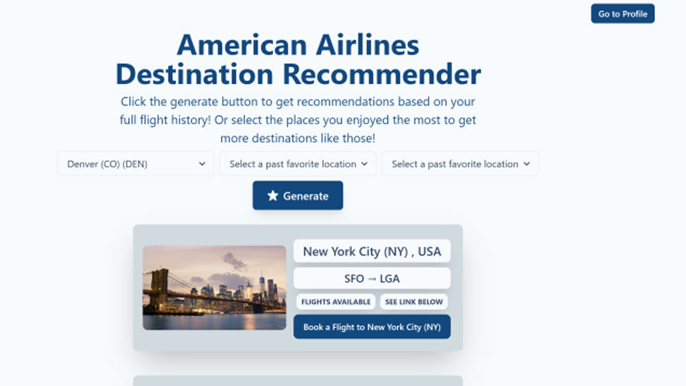 Screenshot of a user being recommended to fly to New York City with a picture of the New York skyline on the recommendations webpage.