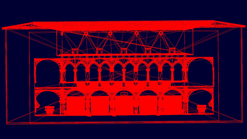 Red geometry mesh of a building as viewed within the team's geometry editor.