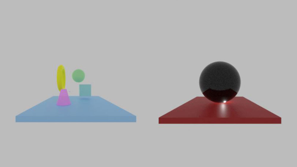 3D renderings of multicolored circles, squares and a cone.