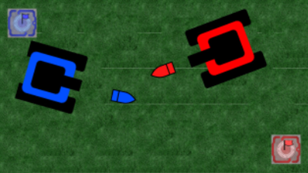 Computer graphic illustrations of a blue and red tank firing bullets at each other during an electronic capture the flag simulation.