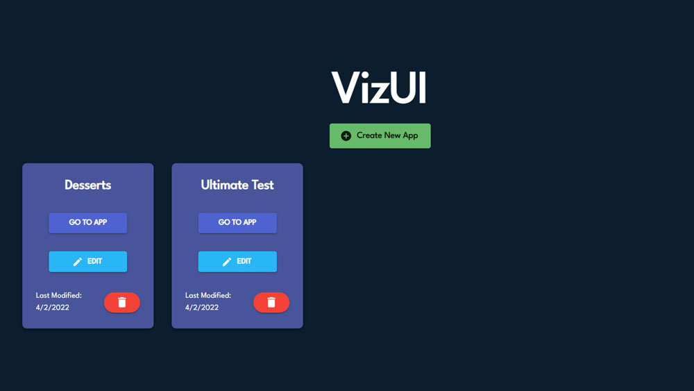 VizUI application landing page with icons for example created graphical user interface.