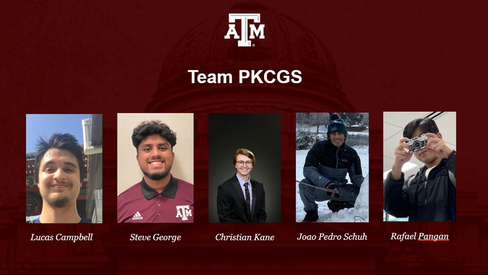 Headshots of the members of Team PKCGS in order from left to right: Lucas Campbell, Steve George, Christian Kane, Joao Pedro Schuh, and Rafael Pangan.