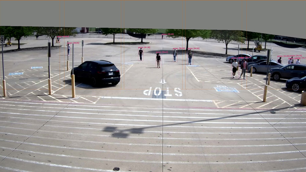 Various people walking through parking lot in the afternoon. There are red lines and numbers indicating where they are located