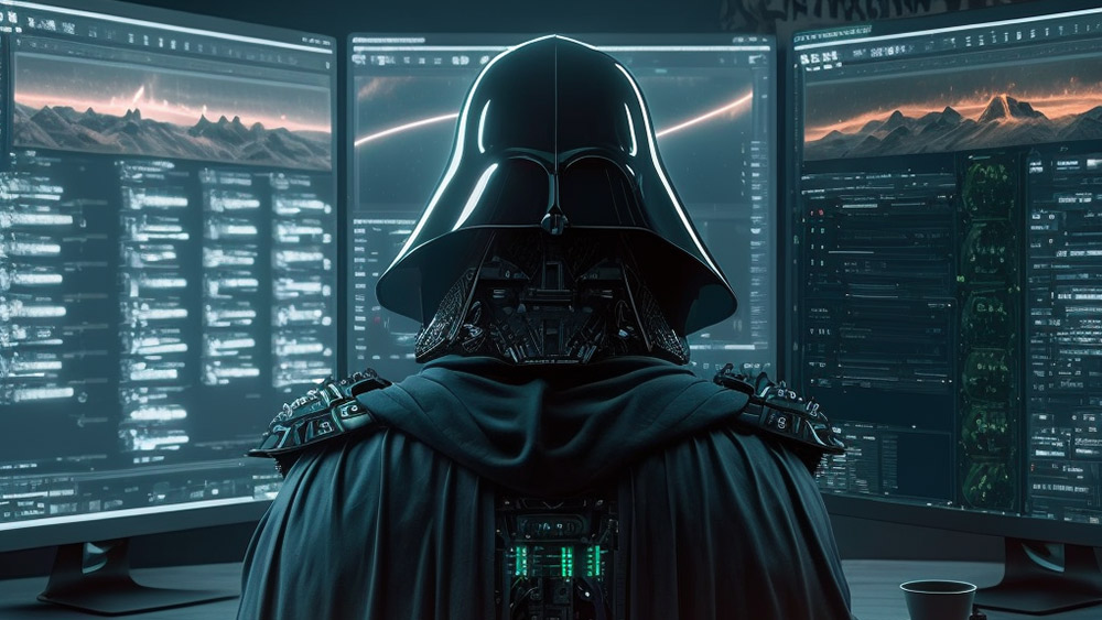 Darth Vader looking at several monitors writing code.