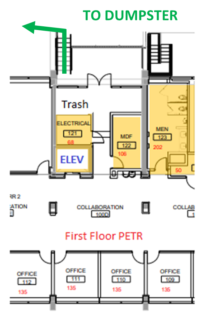Partial floor plan of the Peterson Building with green arrow pointing to the location of the dumpster.