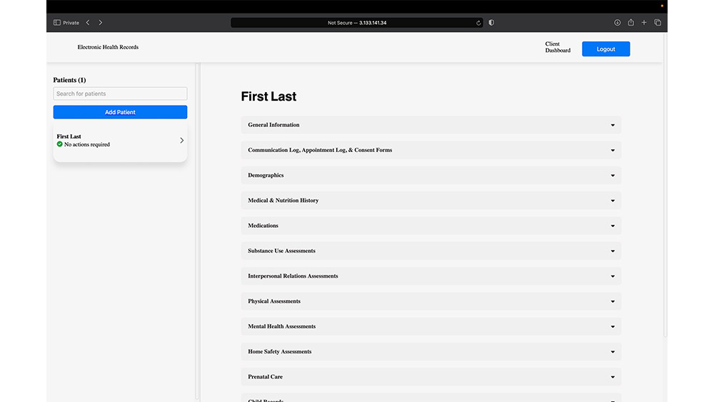 Client Dashboard of a patient viewing our tabs full of medical forms.