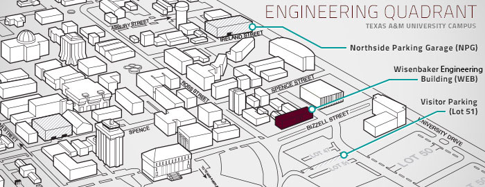 Sketch of locations of buildings in Engineering quadrant at Texas A&amp;M University