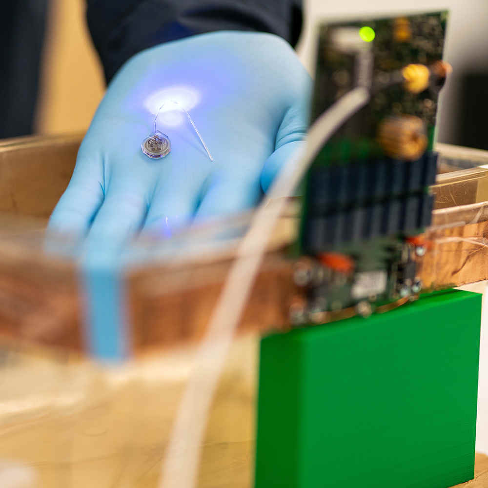 Open gloved hand with micro-circuit in background. Micro-controller on green wooden stand
