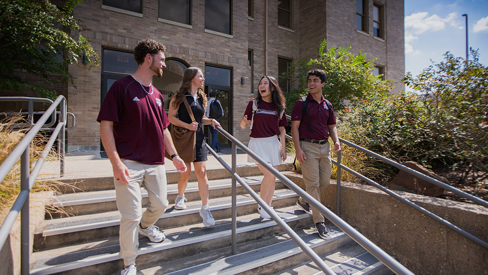 Four students smiling and talking while walking down stairs.