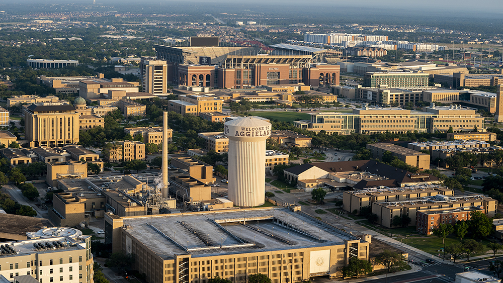 An aerial image of Texas A&amp;M University campus.