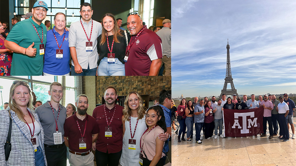 Group of Engineering Technology and Industrial Distribution graduate students standing in a group in front of the Eiffel Tower