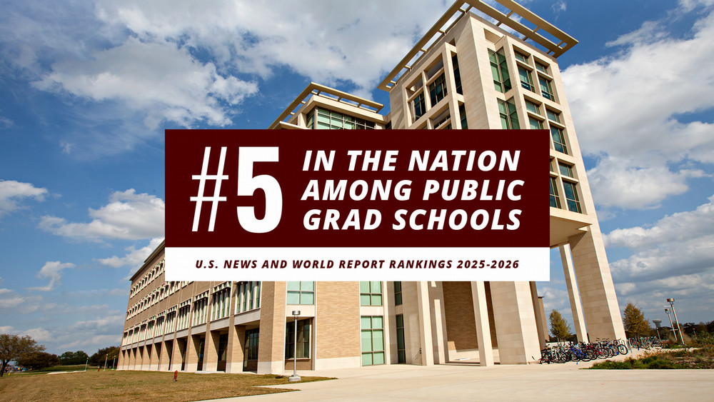 Image of a modern building with large windows and a blue sky in the background. Overlay text states "#5 IN THE NATION AMONG PUBLIC GRAD SCHOOLS" along with "U.S. News and World Report Rankings 2025-2026."
