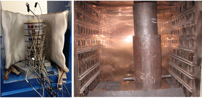 Compression molded thermoplastic samples are shown in and out of kiln where they are heated at extreme temperatures